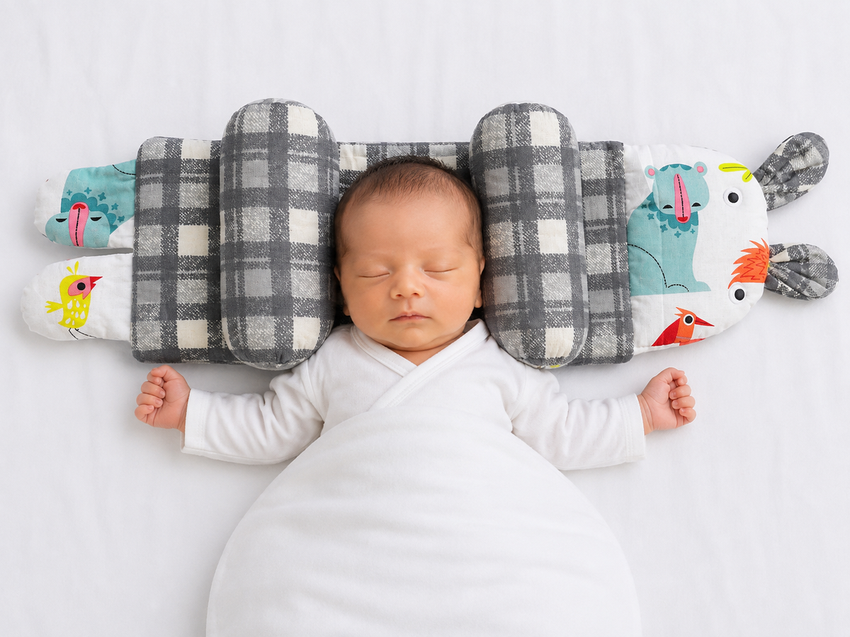 Grey Plaid Animal Baby Head Support Pillow
