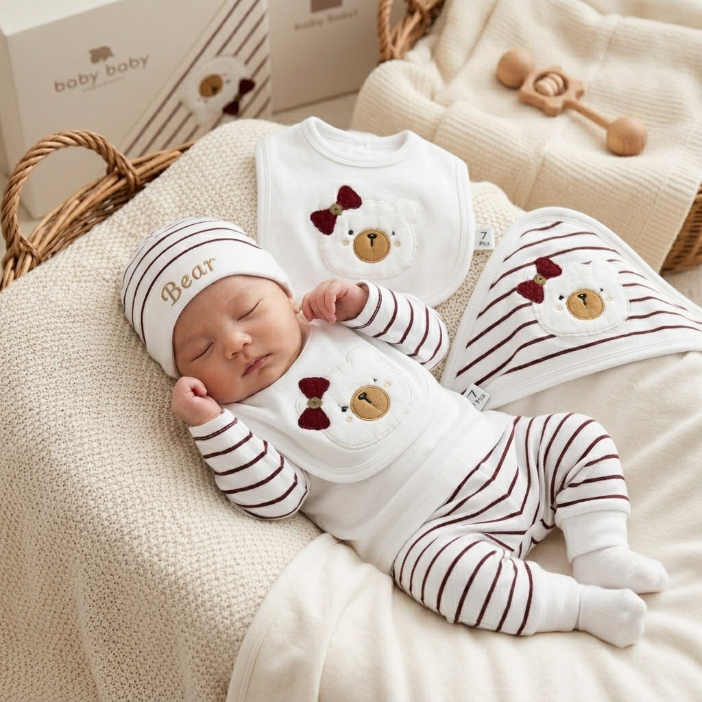 Bear 7 Pieces Set - Maroon (0-3 months)